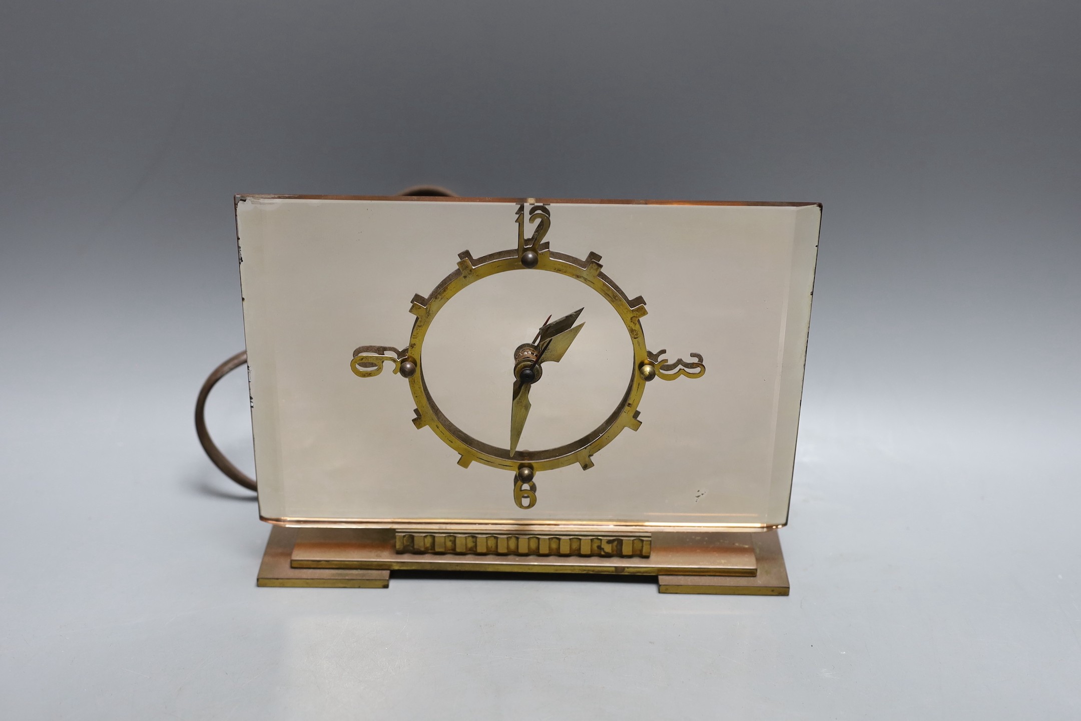An Art Deco pink tinted glass electric mantel clock, 22cm, together with two 19th century Tunbridge ware floral tesserae mosaic pin hinge boxes, 15.3cm and 17cm (3)